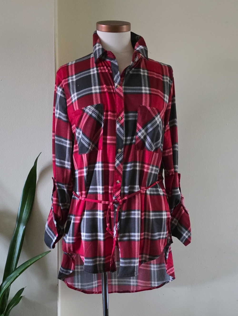 ARDENE Plaid Hi/Lo LS Button Front Tunic Blouse - XL (EUC)